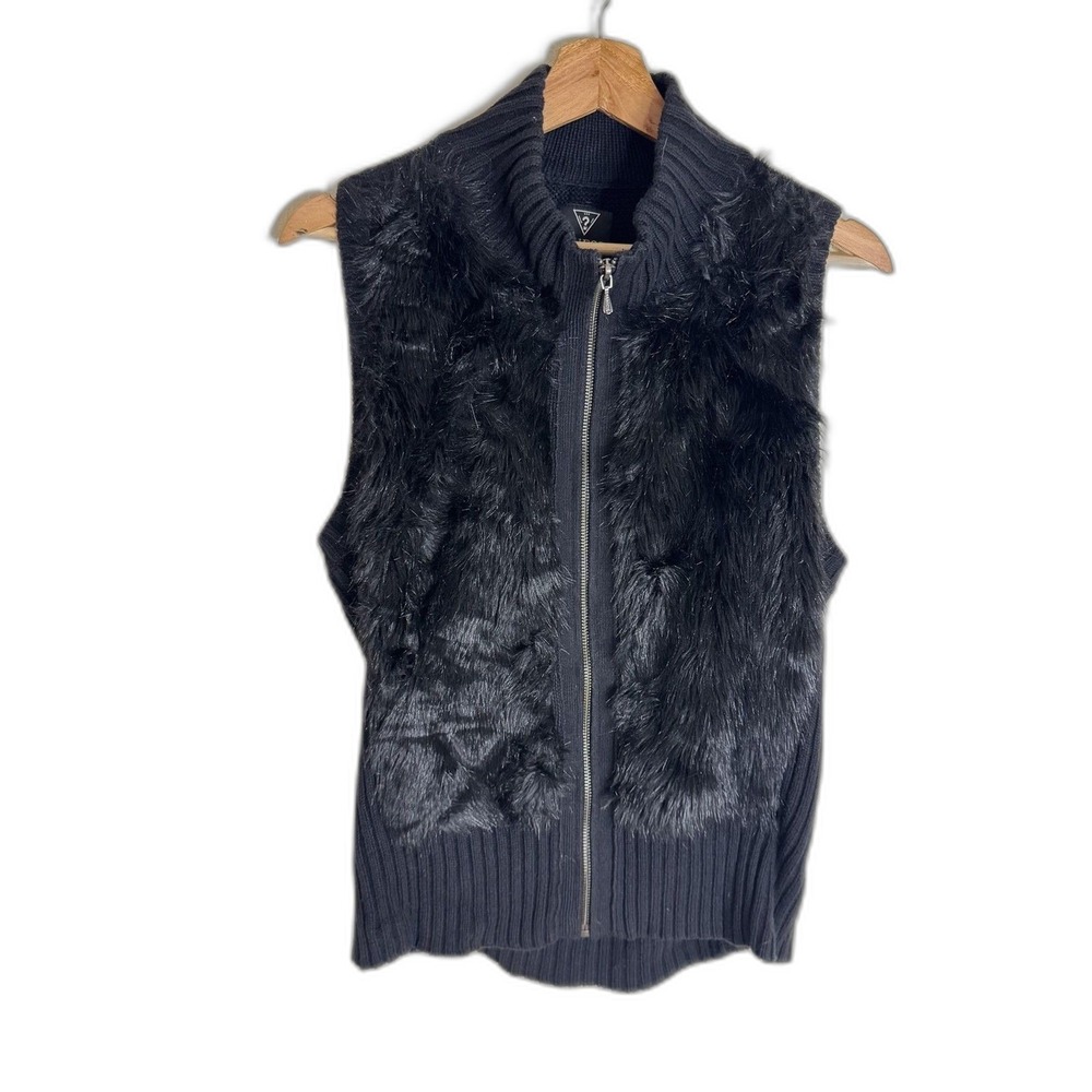 Guess Vest Womens XL Black Faux Fur Front Zip Knit Sweater Ribbed Buckle Waist